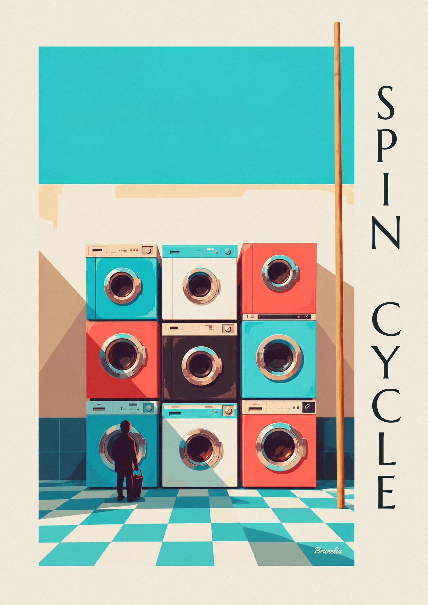 Poster con griglia di 9 lavatrici colorate: dettaglio in primo piano