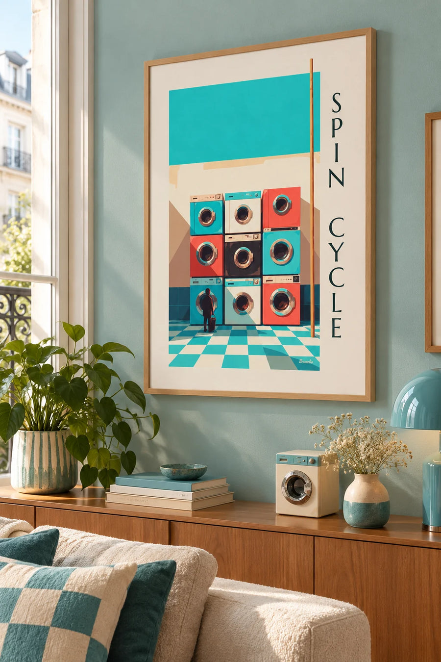 Poster con griglia di 9 lavatrici colorate : incorniciato alla parete