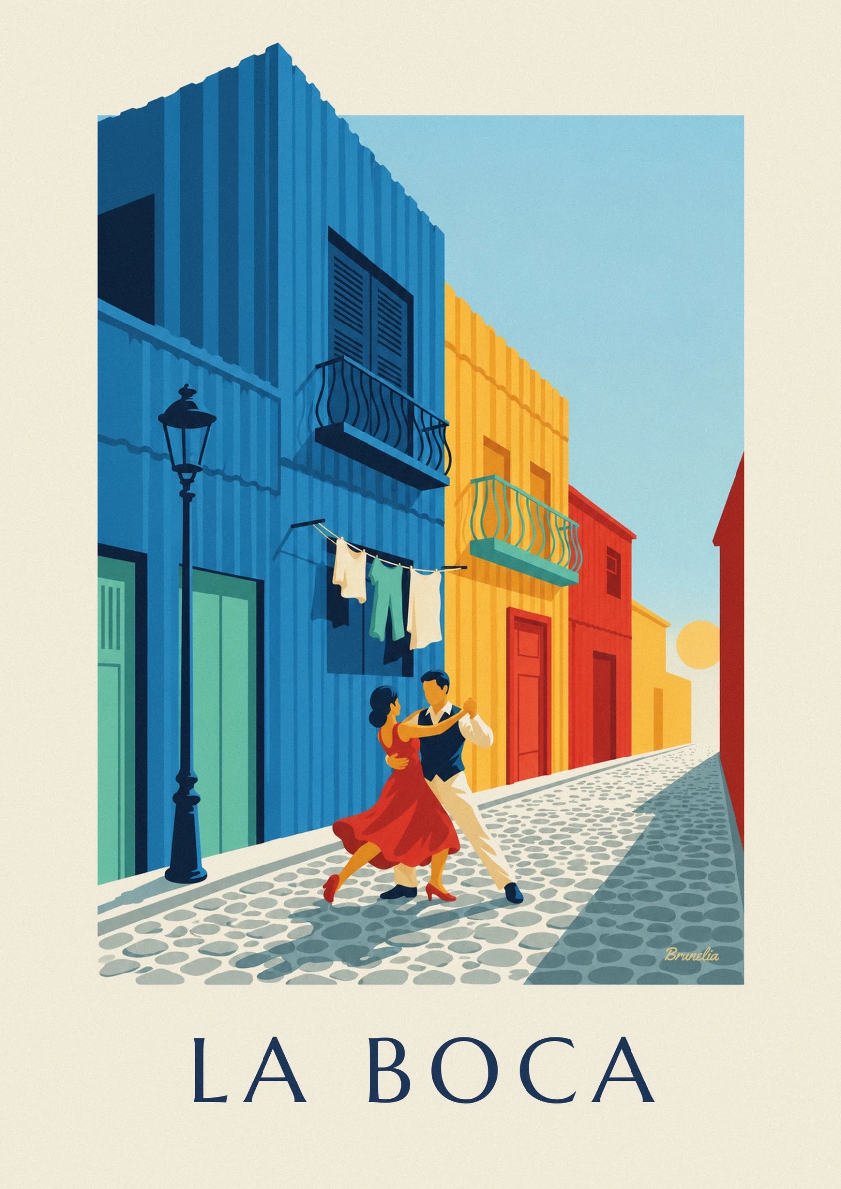 Le couple de tango, robe rouge et gilet bleu marine, sur les pavés de La Boca