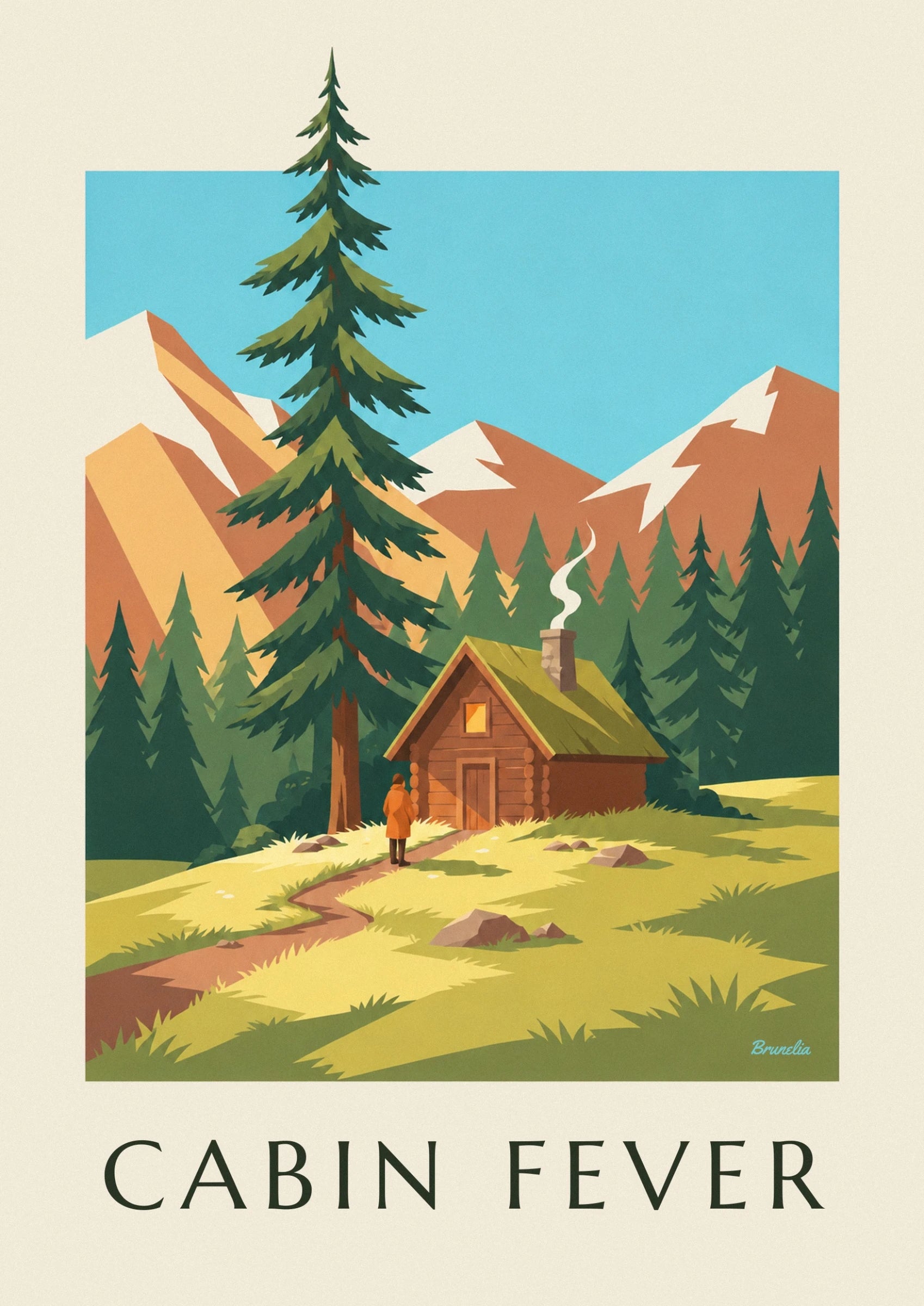 The wooden cabin with a green roof and smoking chimney, surrounded by pine trees