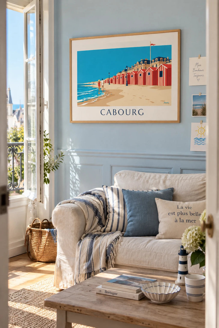 Poster of beach cabins and the Grand Hôtel in Cabourg: framed on a wall