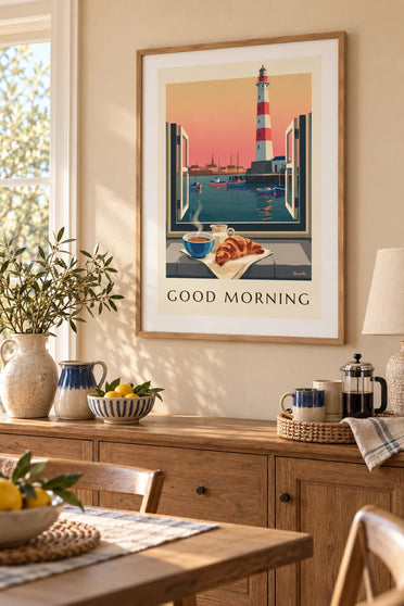 Affiche bol de café et croissant à la fenêtre face au phare : encadrée au mur