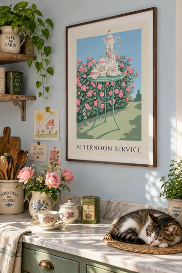 Floral porcelain tea and coffee set poster in the garden: framed on the wall