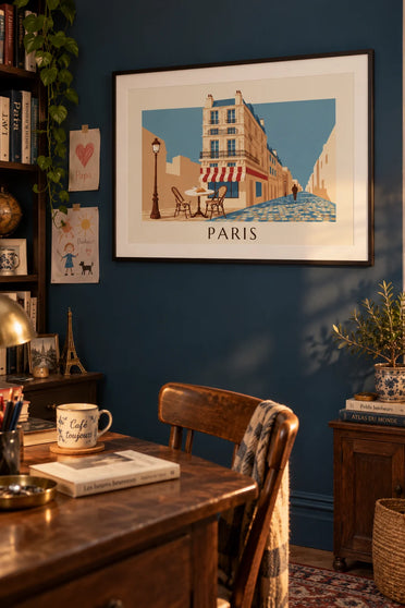 Poster of a coffee and croissant on a Parisian café terrace: framed on the wall