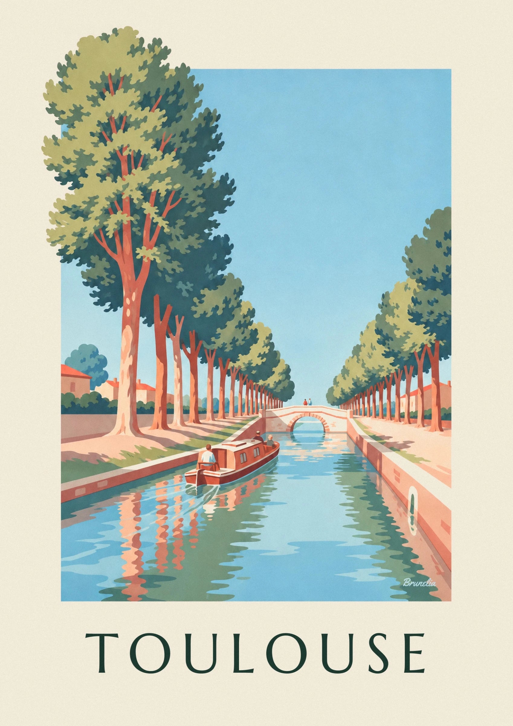La barca rossa e i suoi passeggeri sul canal du Midi, vicino al ponte