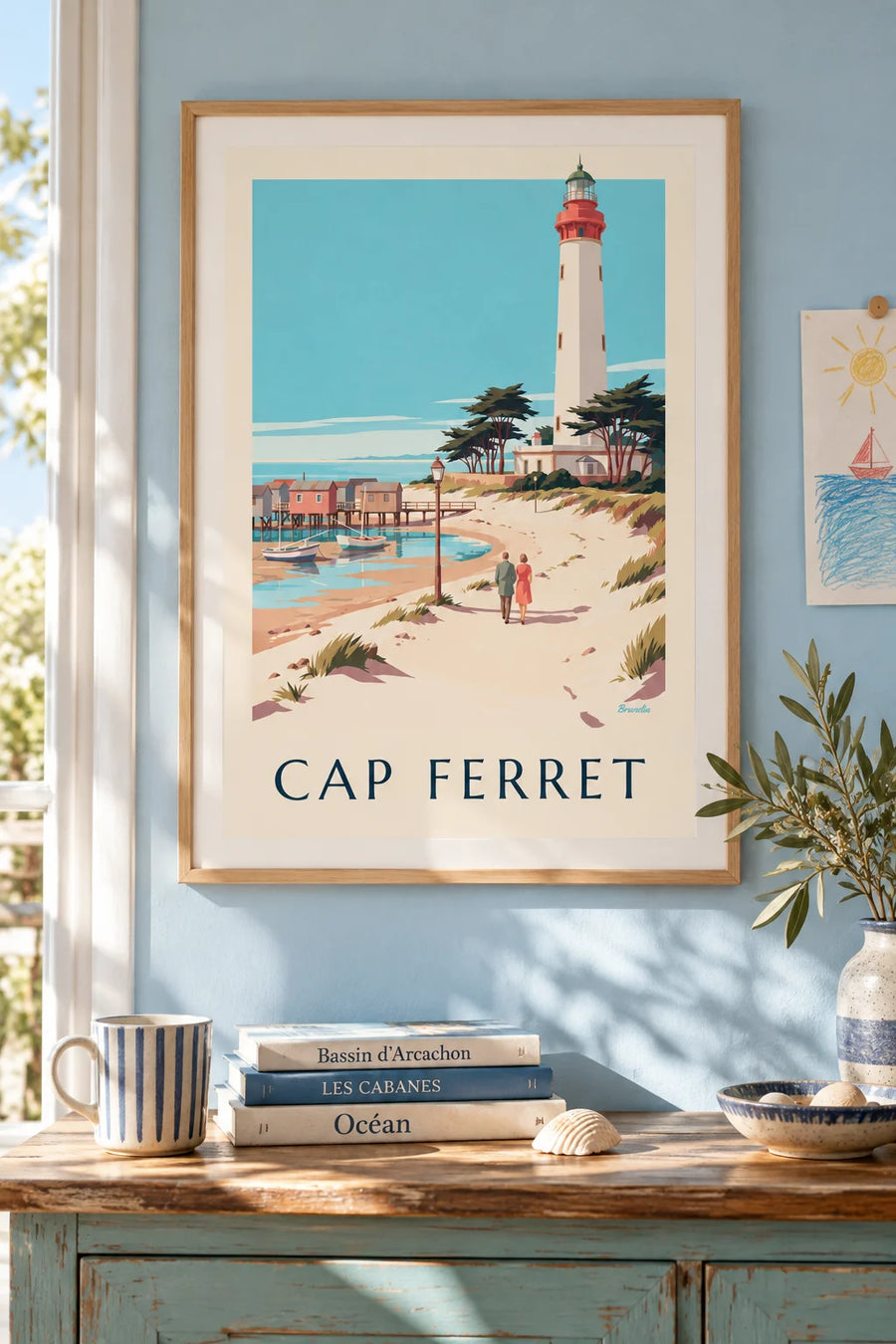 Poster Leuchtturm und Austernhütten am Cap Ferret: gerahmt an der Wand