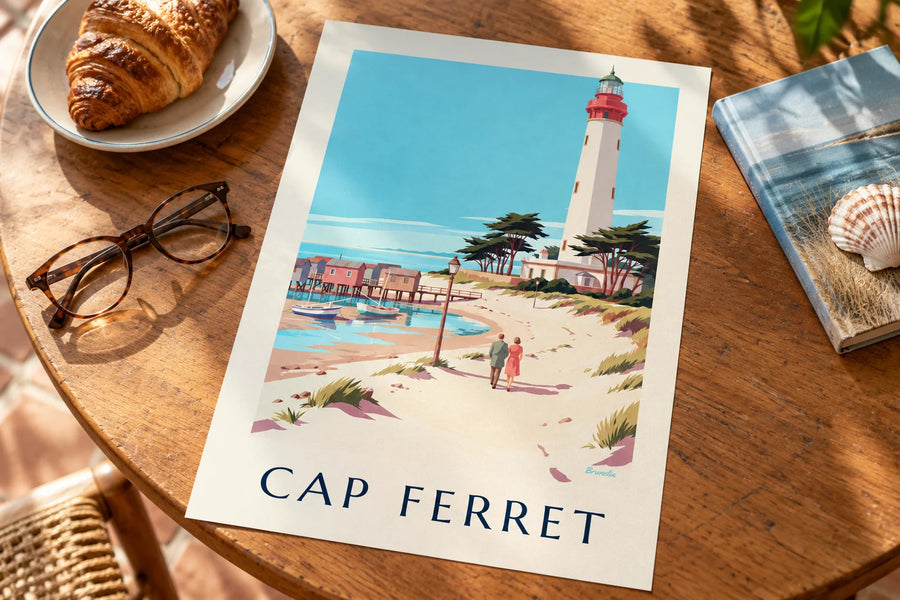 Poster Leuchtturm und Austernhütten am Cap Ferret: auf einem Tisch aufgestellt