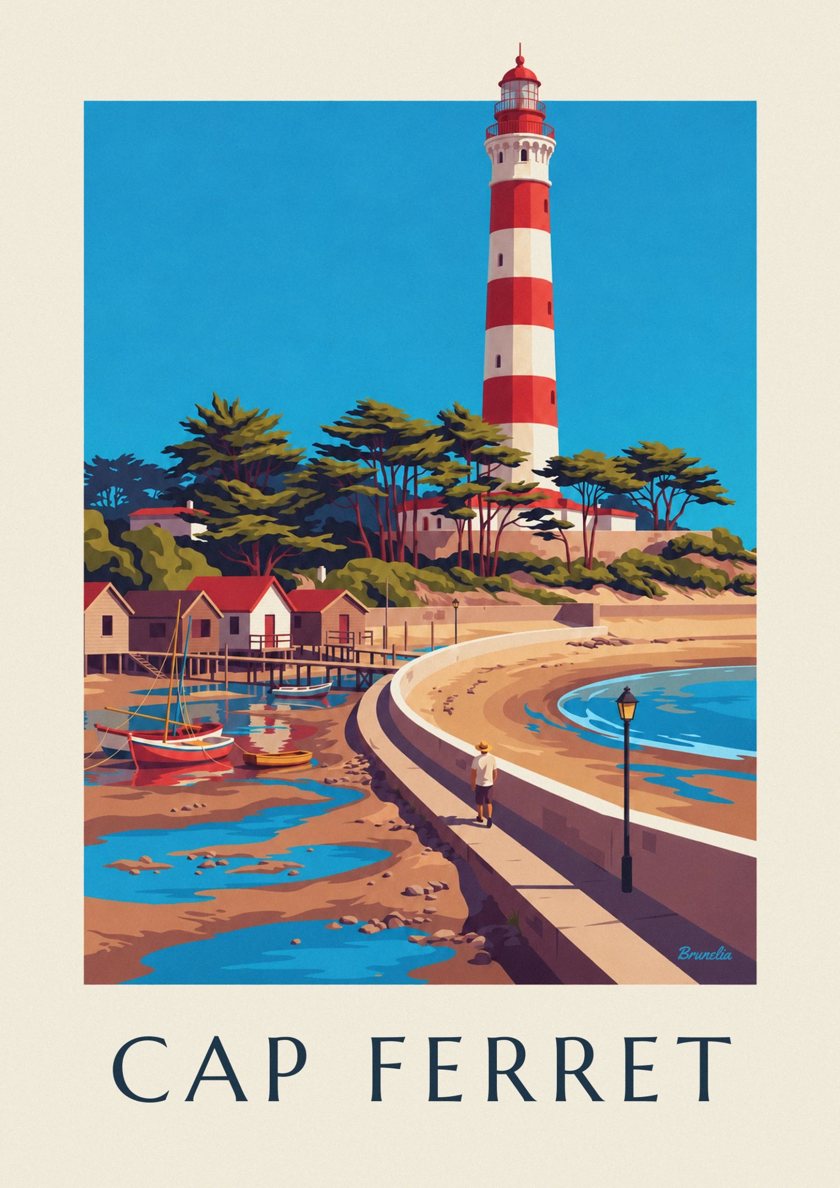 Le phare rayé rouge et blanc dressé dans le ciel bleu, au-dessus des pins