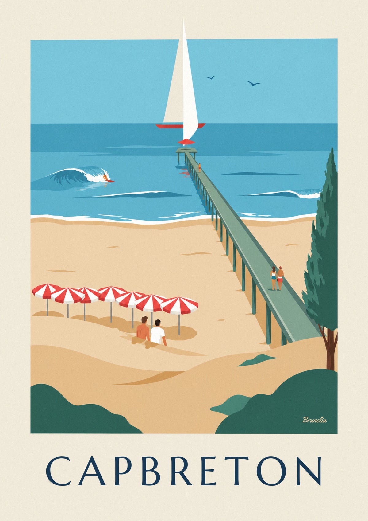Affiche parasols rayés, estacade et voiliers à Capbreton