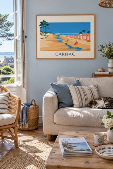 Poster of Carnac’s Grande Plage at low tide with striped beach huts: framed on the wall