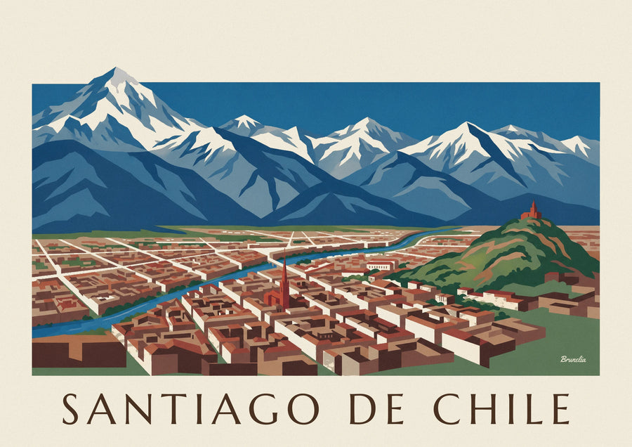 Affiche carte illustrée de Santiago du Chili et des Andes