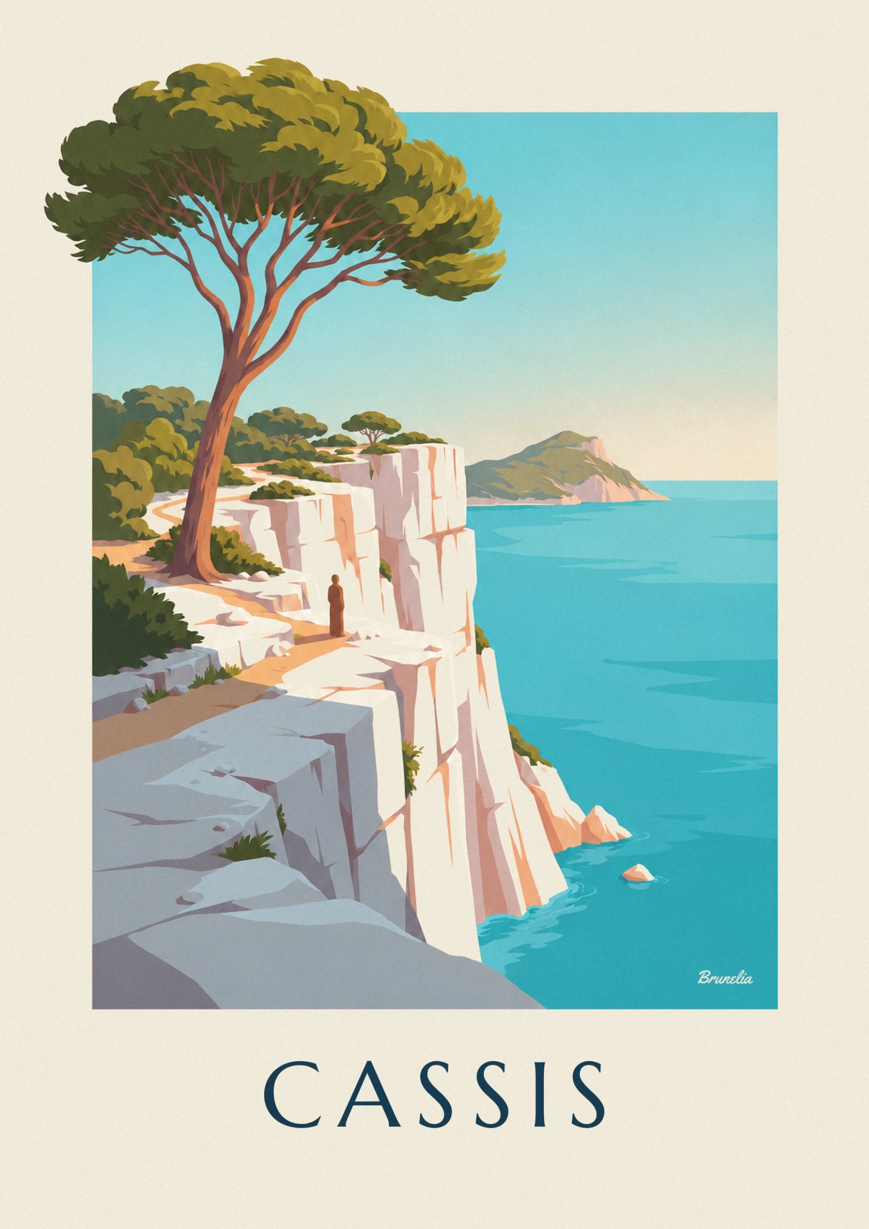 Le pin parasol penché au-dessus des falaises blanches et des buissons verts