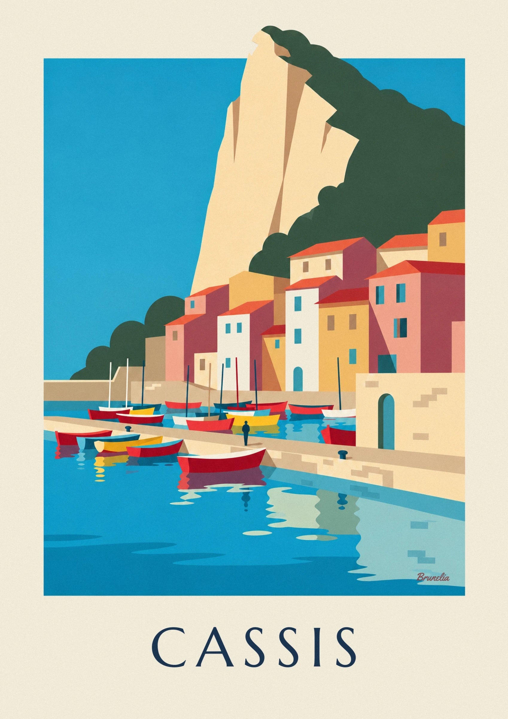 Les barques rouges et jaunes sur l’eau turquoise, près d’un personnage sur le quai