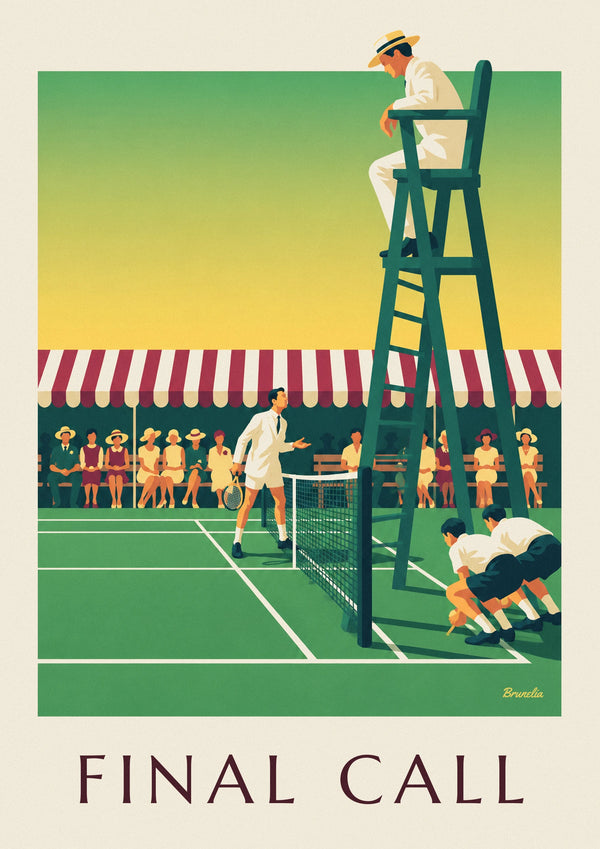 Poster Schiedsrichter auf dem Hochstuhl am Rand des Rasen-Tennisplatzes