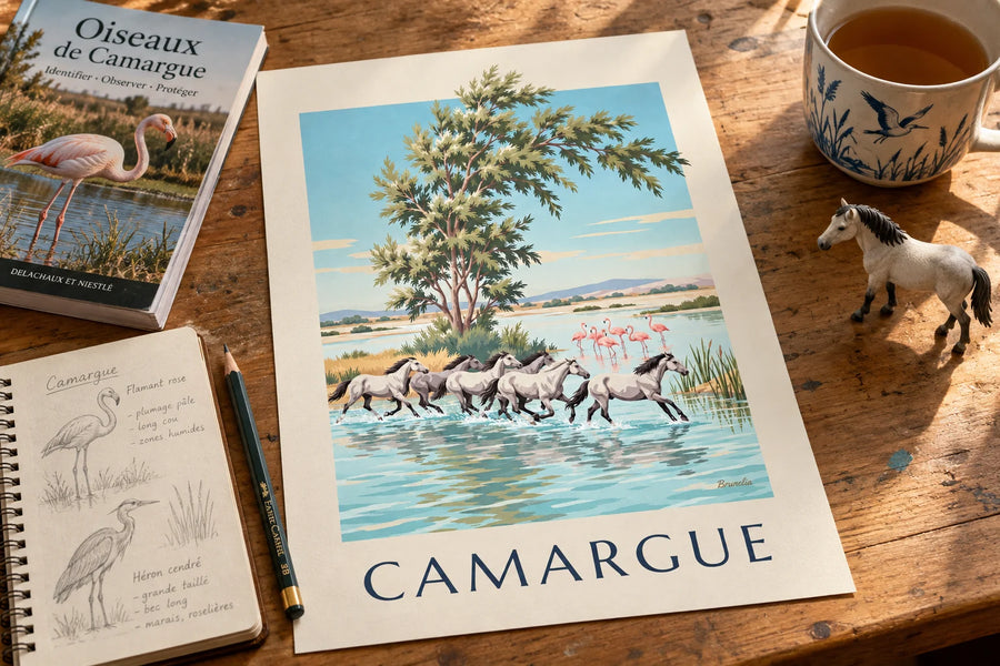 Poster Camargue-Pferde im Galopp durch die Sümpfe: auf einem Tisch