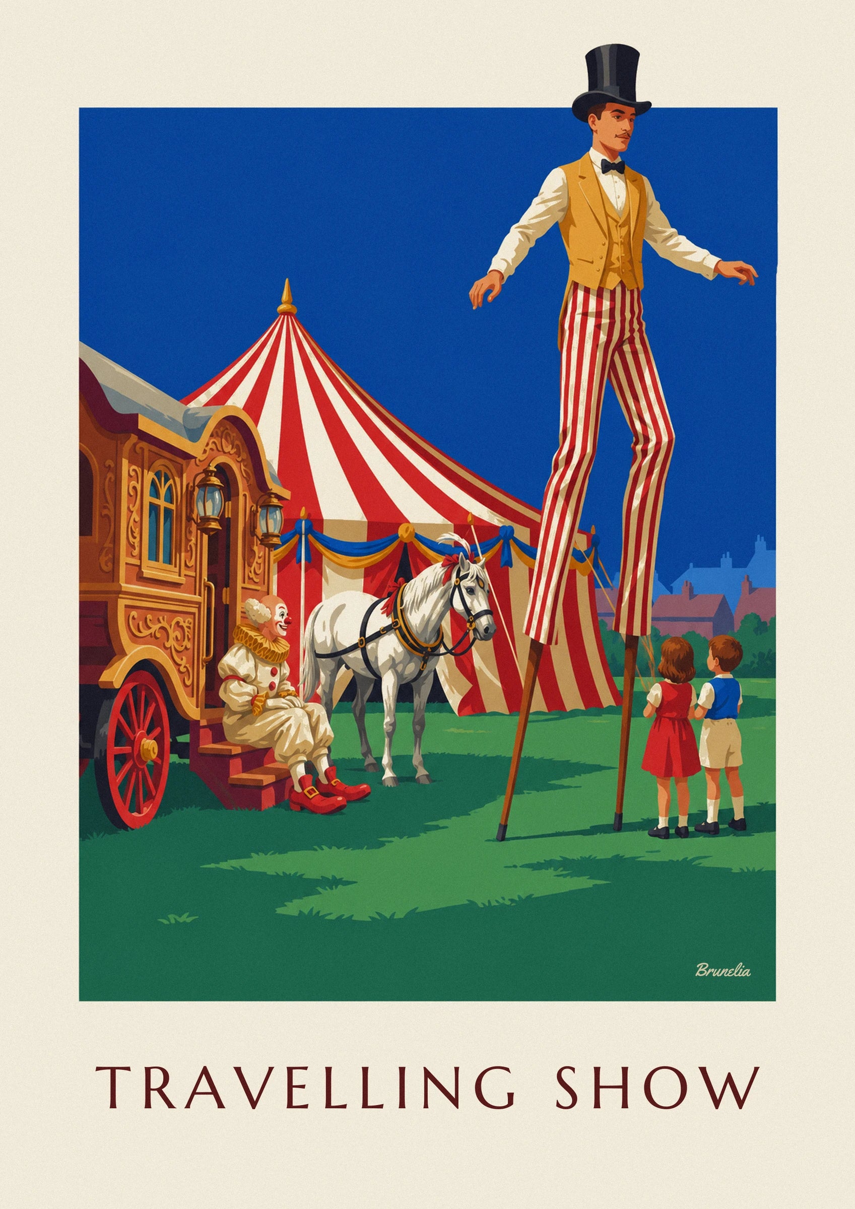 A seated clown in a cream costume beside a white horse in front of the striped circus tent
