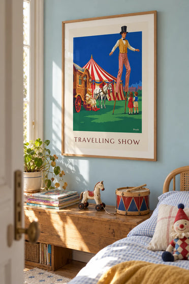 Poster of a caravan and circus tent on the village square: framed on the wall
