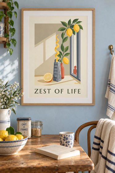 Poster scorza di limone e grattugia da cucina vicino a una finestra: incorniciato alla parete
