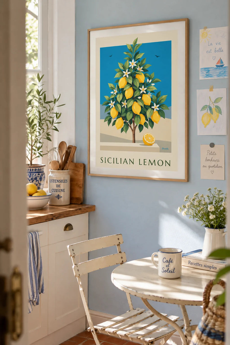 Poster of a botanical plate of Sicilian lemons in bloom: framed on the wall