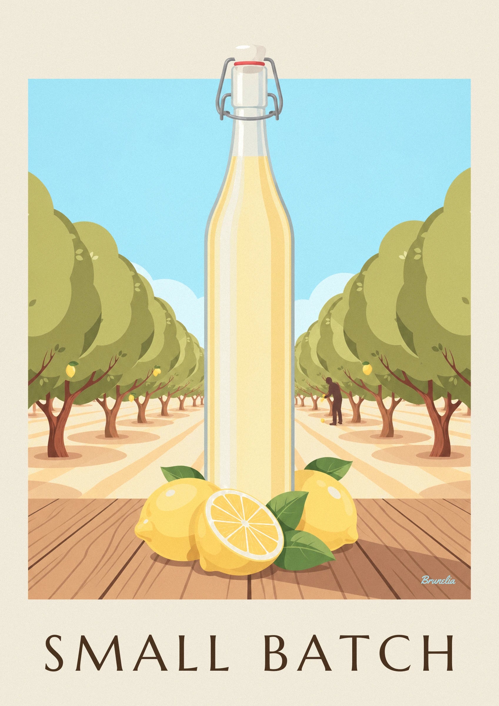 Poster bottiglia di limonata artigianale e limoni: dettaglio in primo piano