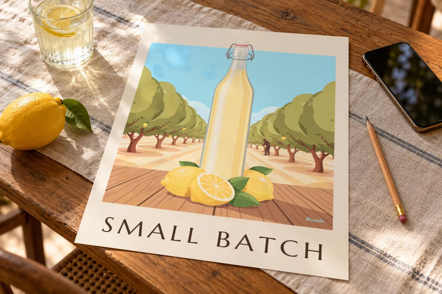 Affiche bouteille de citronnade artisanale et citrons : posée sur une table