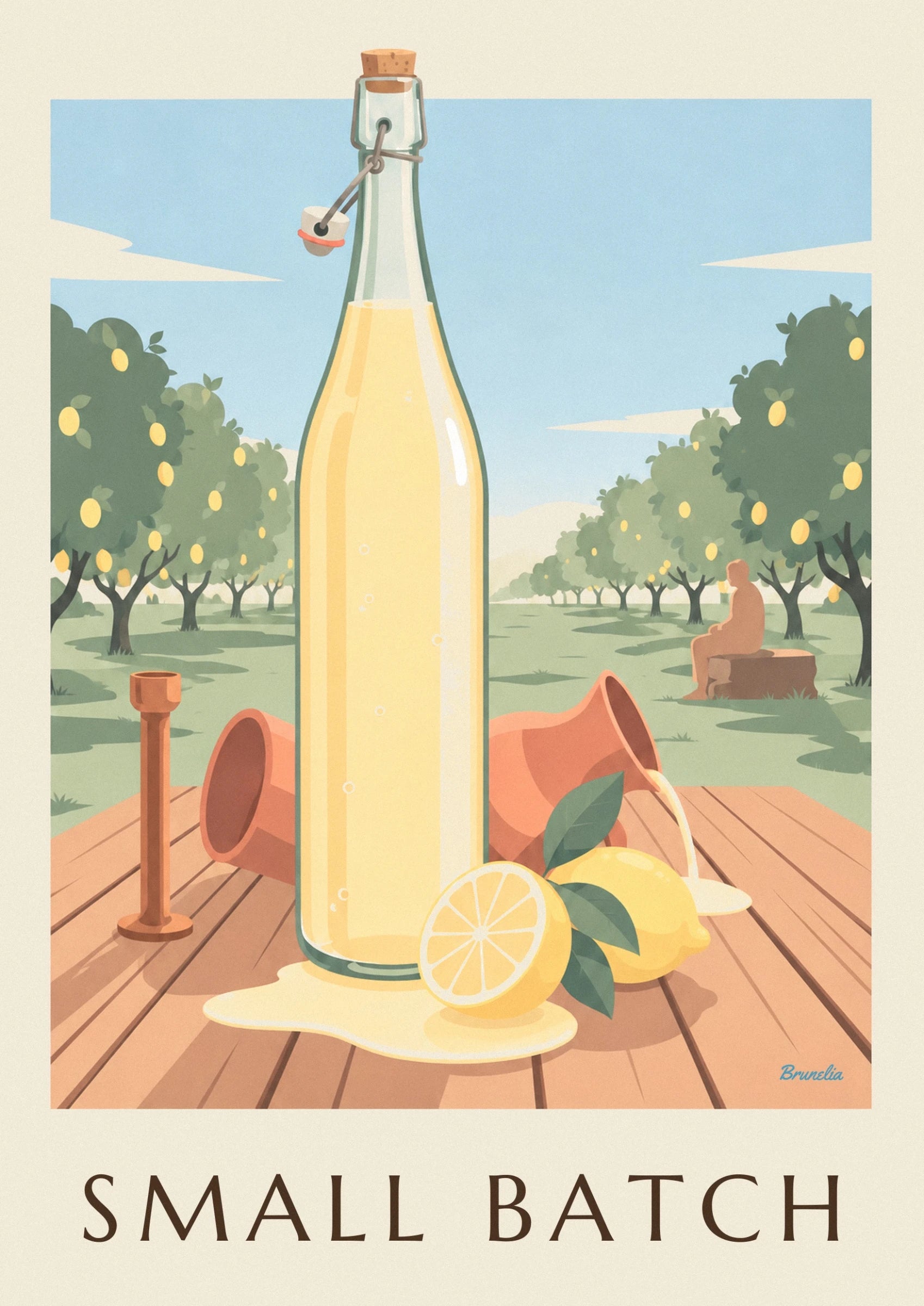 A cut lemon and a whole lemon with their leaves in front of the terracotta jug