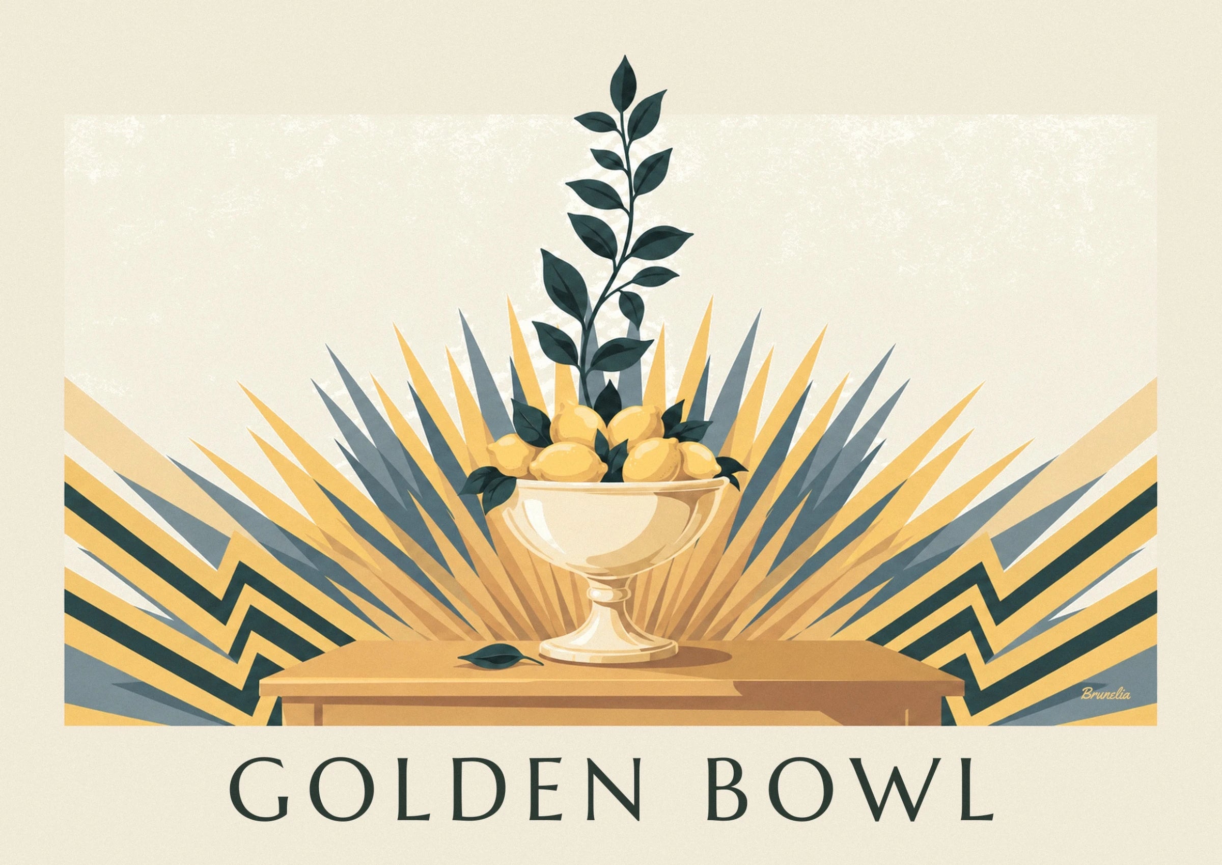 A golden bowl filled with yellow lemons and dark green leaves