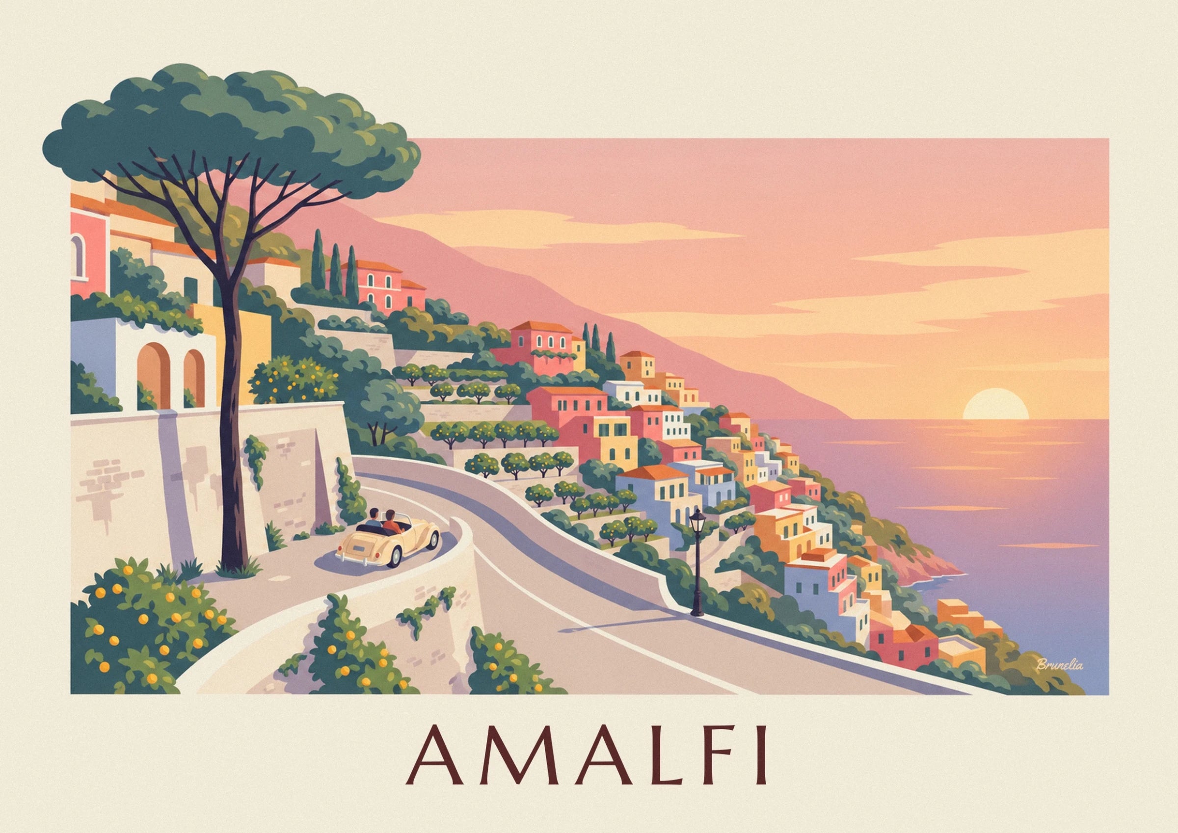 Pastel houses on the hillside and a black lamppost beside the road