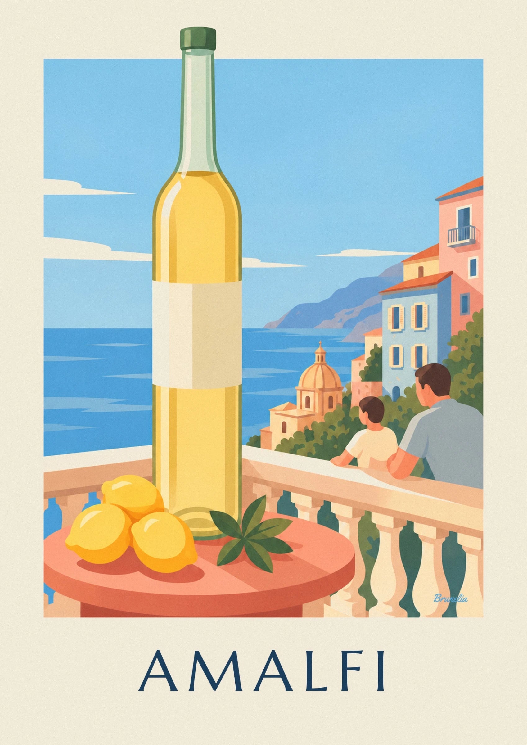 La bouteille jaune à l’étiquette crème devant la mer bleue de la côte amalfitaine