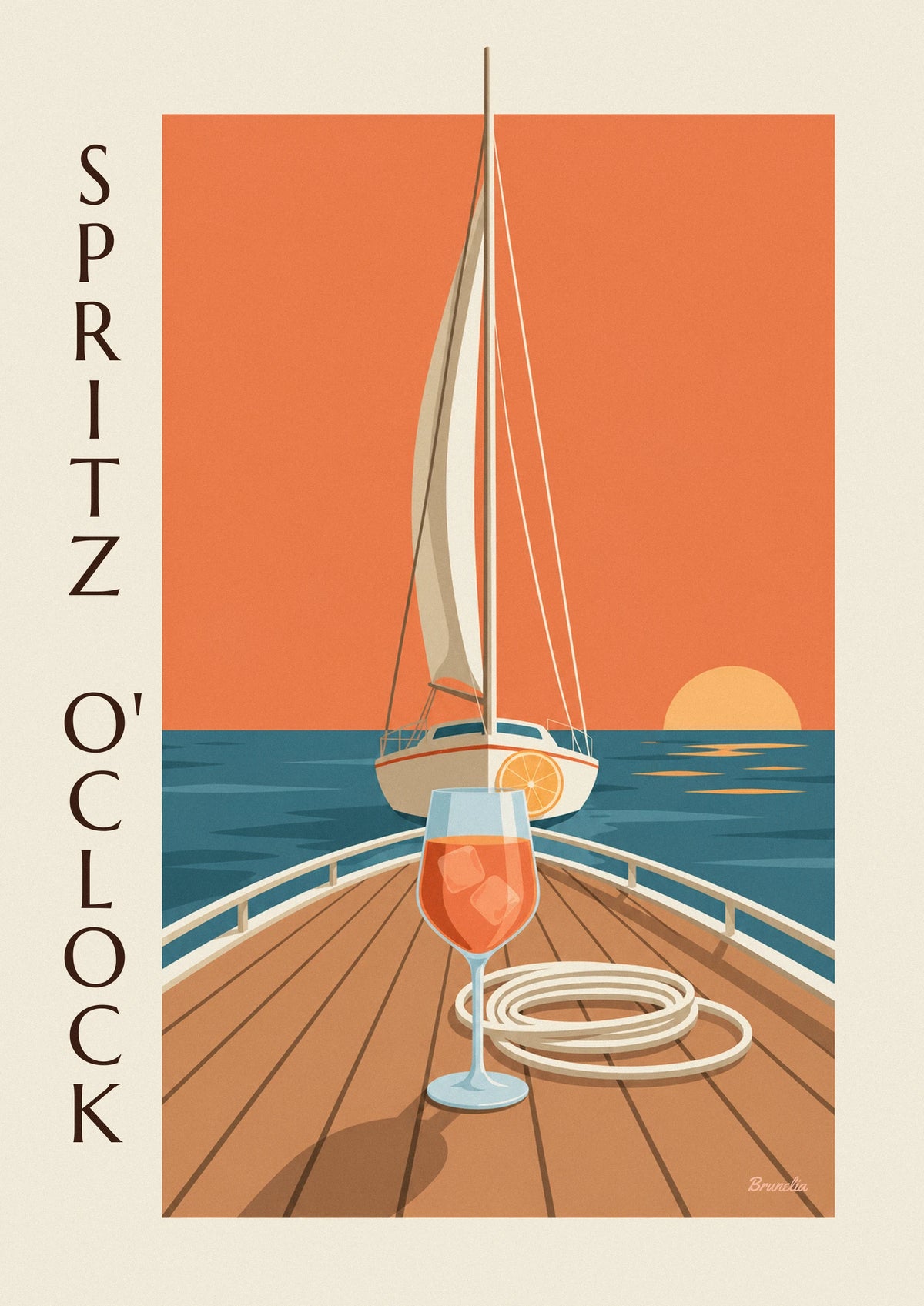 Poster spritz sul ponte di una barca a vela al tramonto