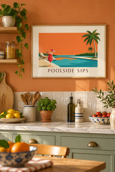 Poster daiquiri alla fragola a bordo piscina al crepuscolo: incorniciato alla parete