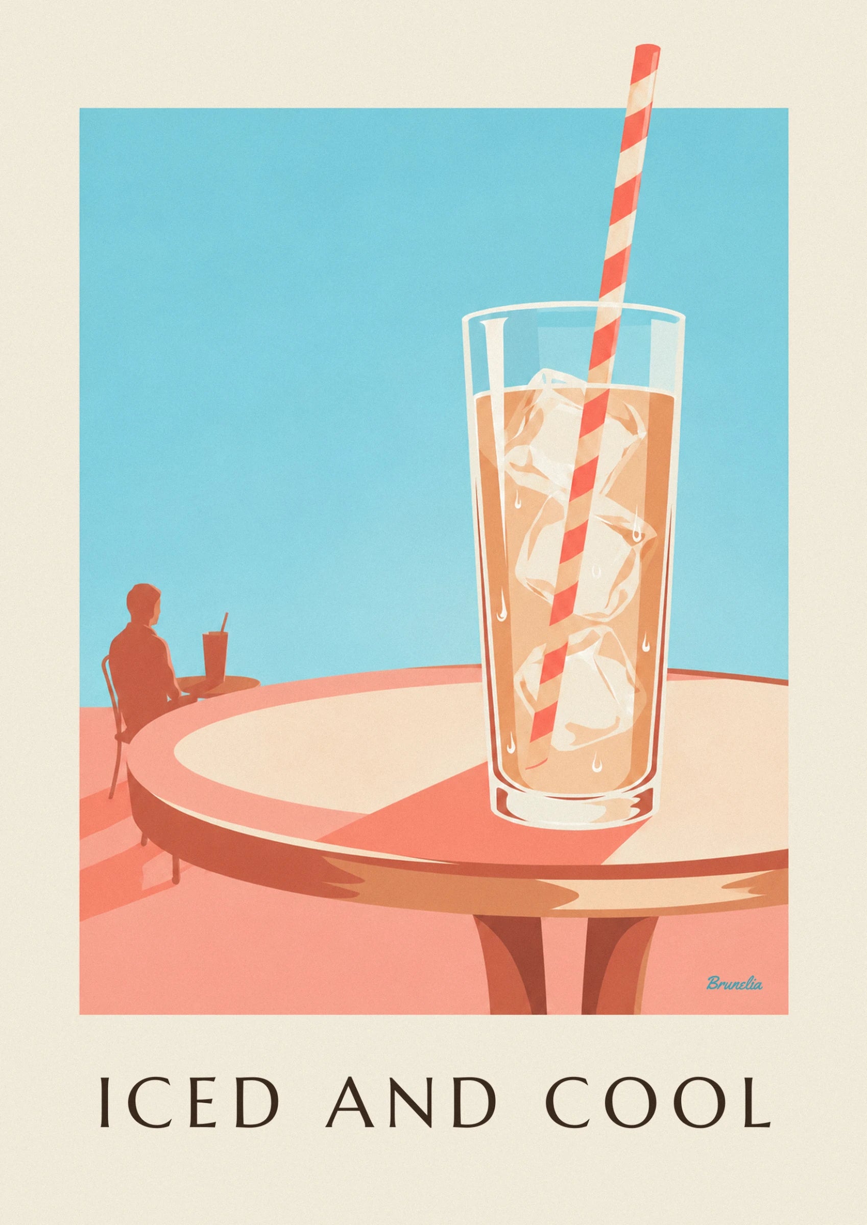 Le grand verre de café glacé, ses glaçons et sa paille rayée rouge et blanc