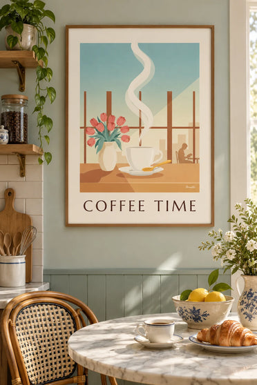 Poster di tazza di caffè fumante e fiori vicino alla finestra: incorniciato alla parete