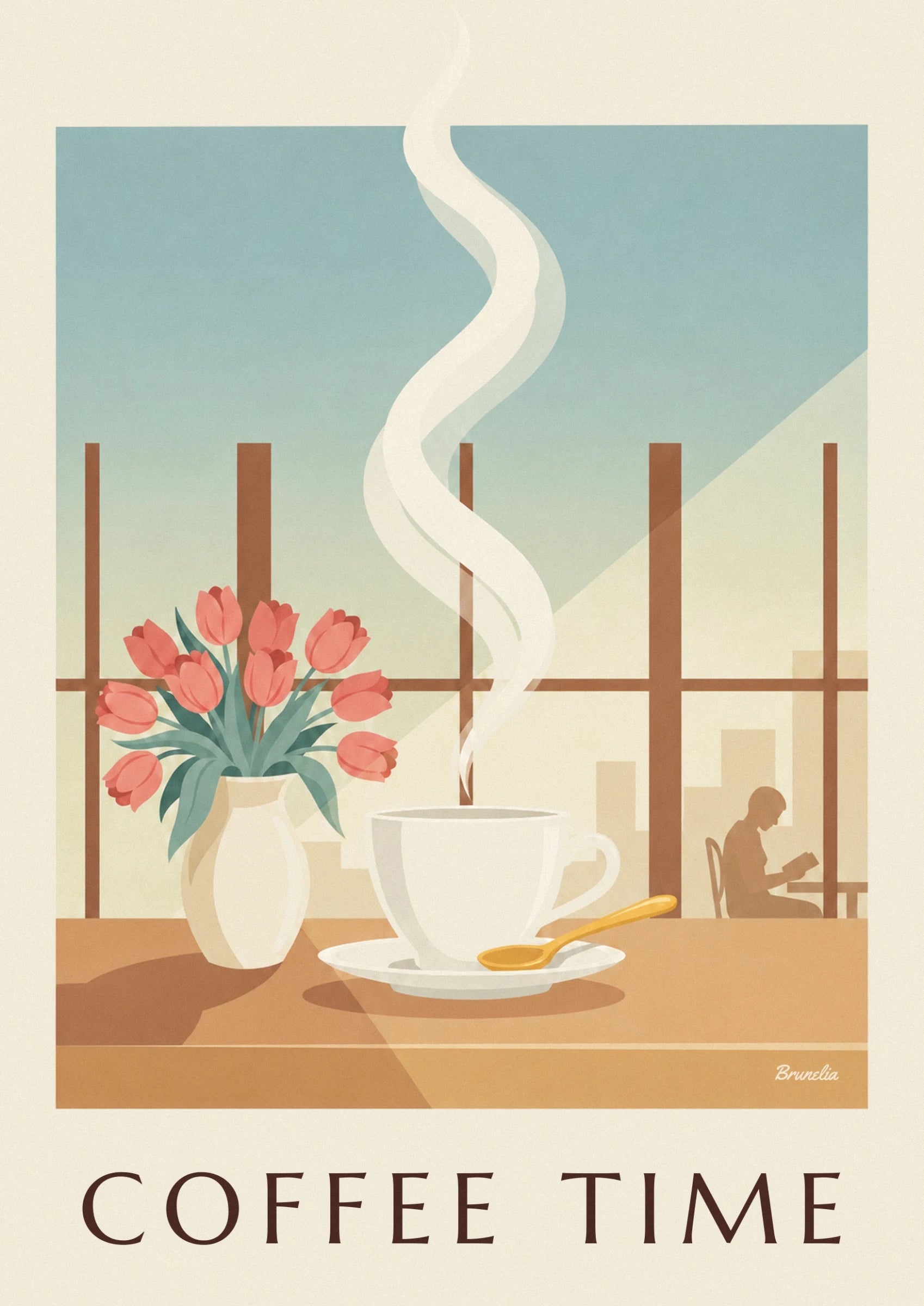 Eine dampfende weiße Tasse auf ihrer Untertasse, mit einem goldenen Löffel
