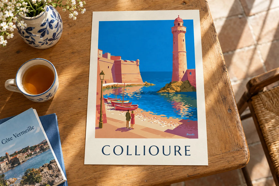 Poster Königsschloss und Kirchturm von Collioure an der Bucht: auf einem Tisch