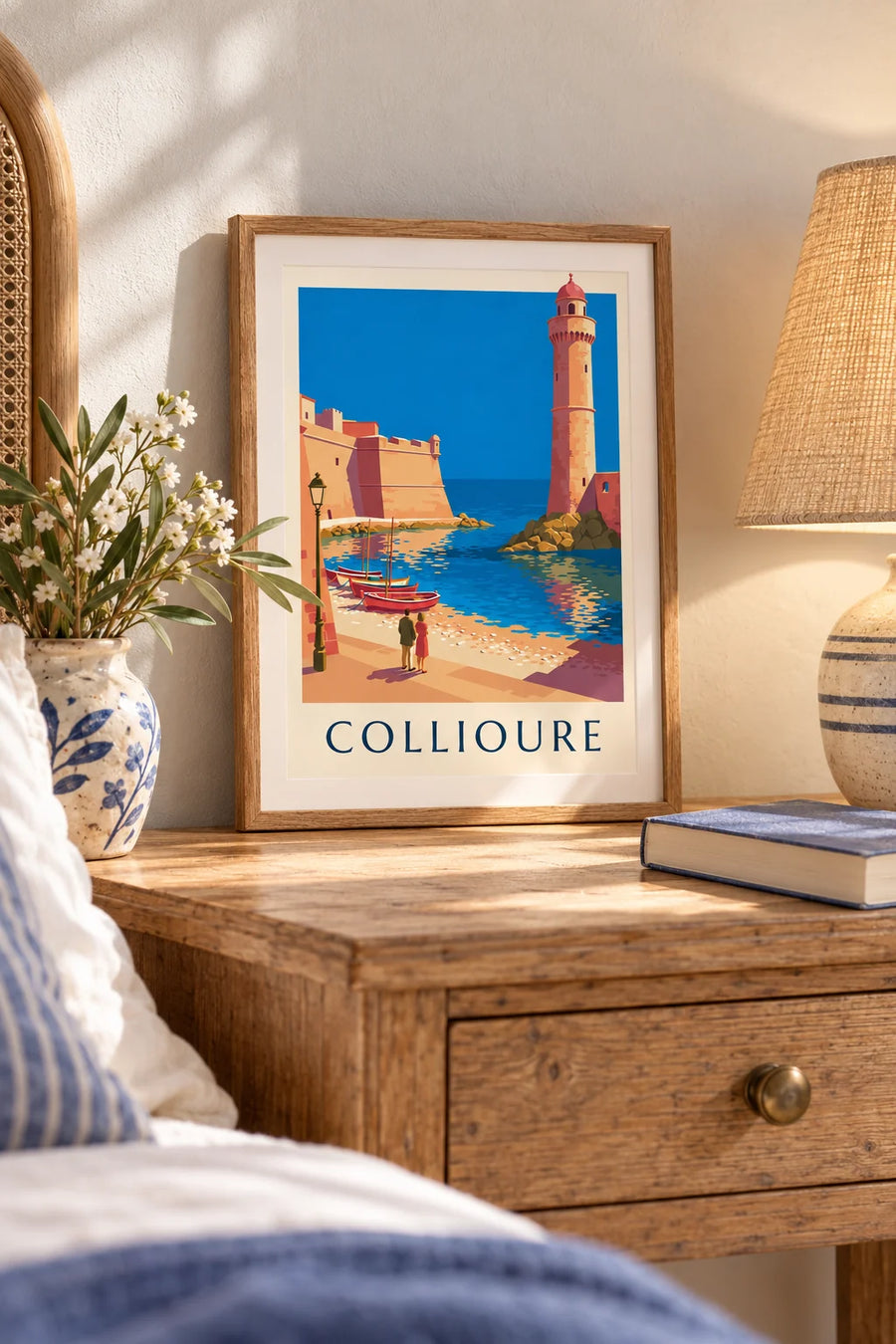 Poster Königsschloss und Glockenturm von Collioure am Ufer der Bucht: kleines Format A4 gerahmt