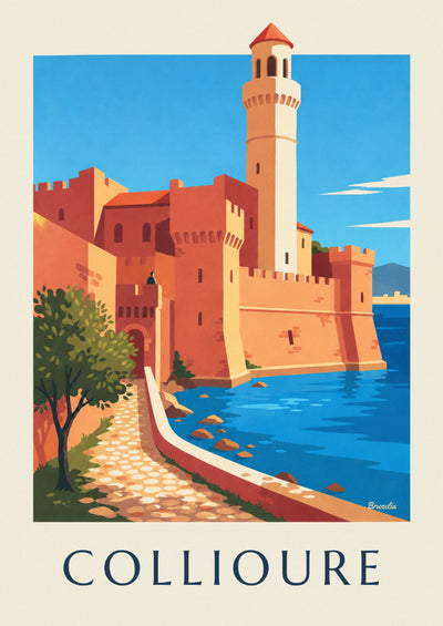 Affiche château royal et clocher de Collioure au bord de la baie : l'affiche entière
