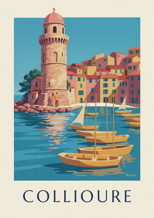 Poster gelbe Segelboote im Hafen von Collioure: das ganze Poster