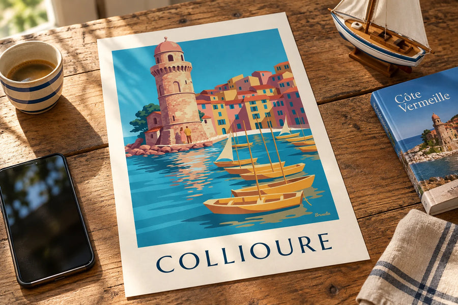 Affiche voiliers jaunes dans le port de Collioure : posée sur une table