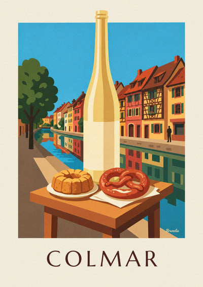 Poster of half-timbered houses in Colmar, kougelhopf and Alsace wine: the full poster