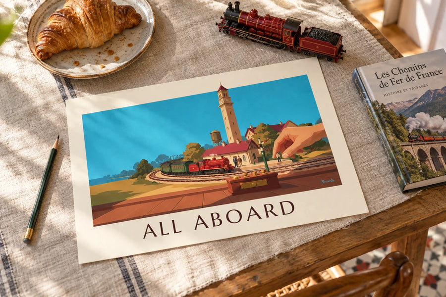 Poster trenino elettrico in miniatura e la sua stazione di modellismo: appoggiato su un tavolo