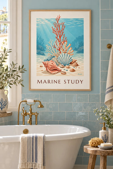 Poster di una tavola naturalistica di coralli e conchiglie: incorniciato alla parete