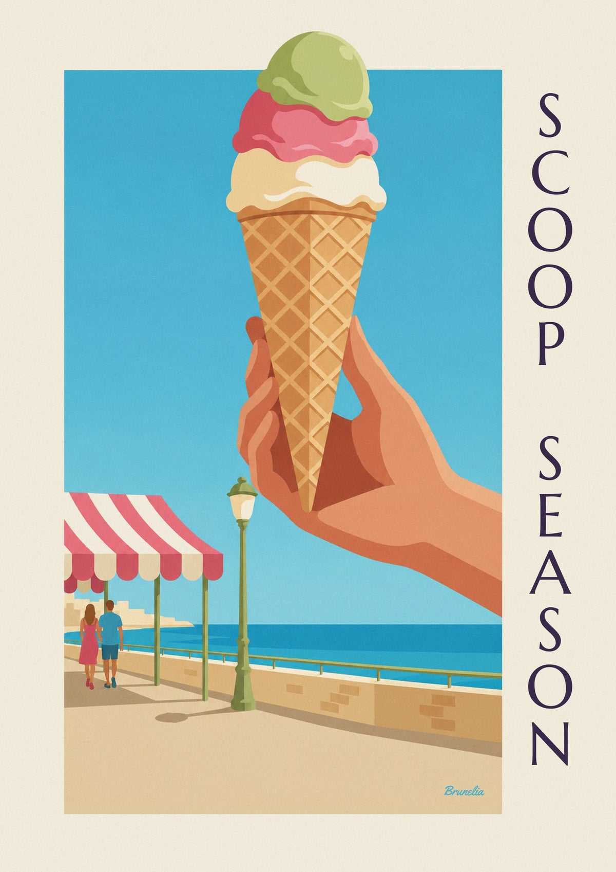 Poster Eistüte mit 3 Kugeln am Meer