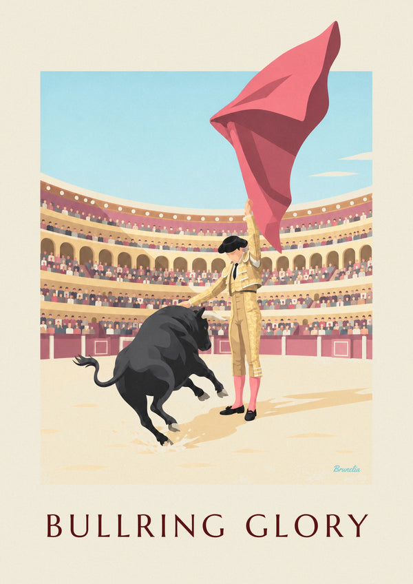 Affiche matador et taureau noir dans une arène ensoleillée
