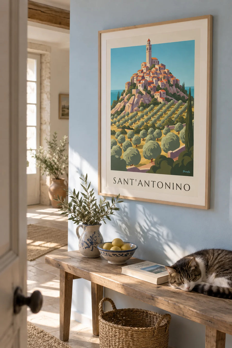 Poster of the hilltop village of Sant’Antonino in Balagne, Corsica: framed on the wall