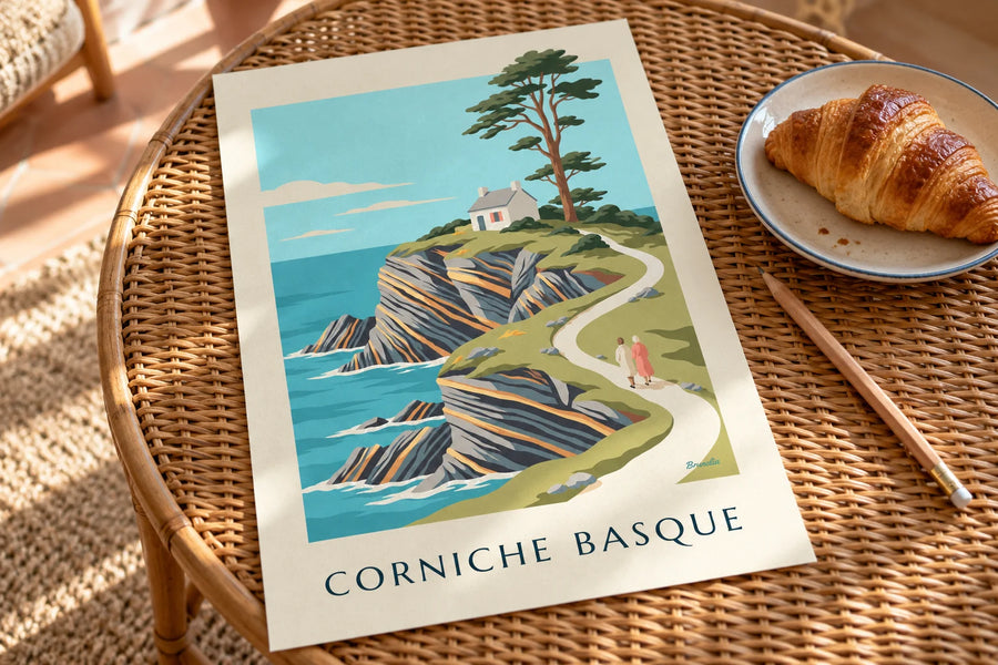 Poster baskische Küstenstraße und Flysch-Klippen: auf einem Tisch