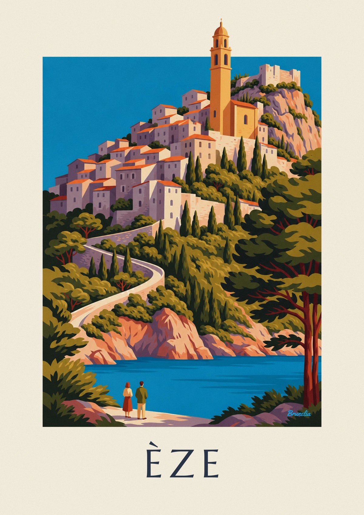 Poster borgo arroccato di Èze sopra il Mediterraneo