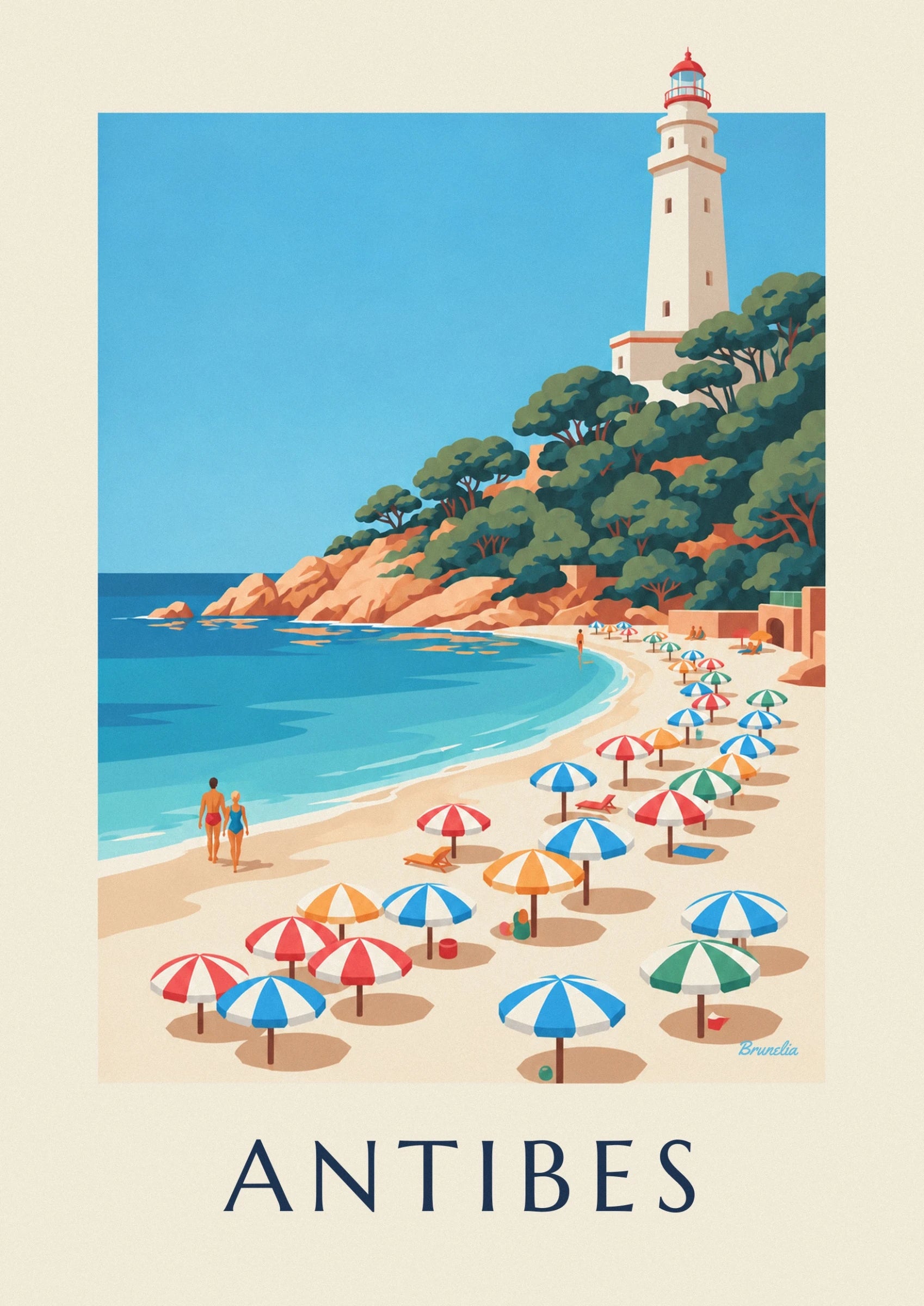 Blue, red and orange parasols on the sand, with a red sun lounger