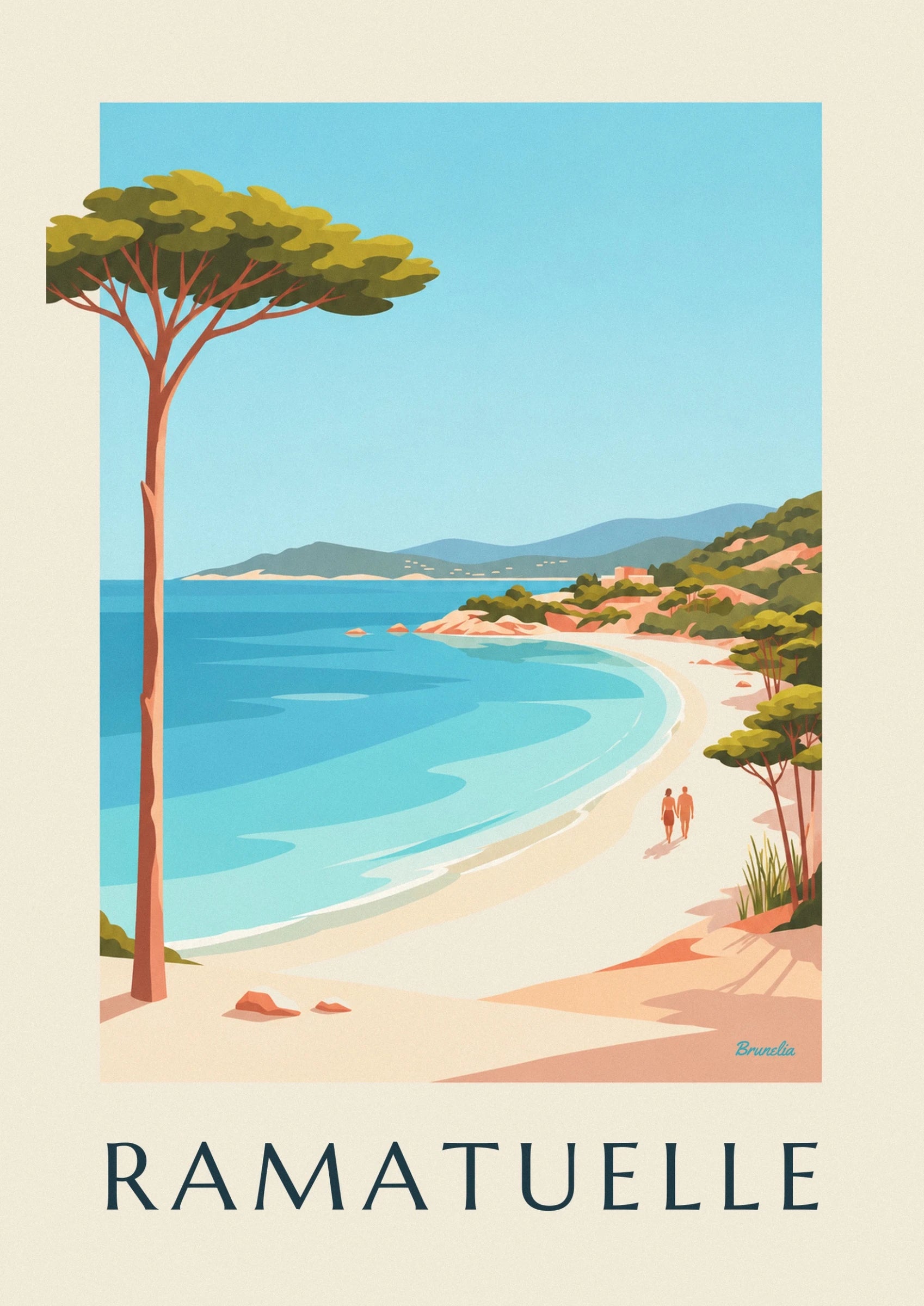 Un pin parasol au feuillage vert olive, sur fond de ciel bleu et de collines au loin