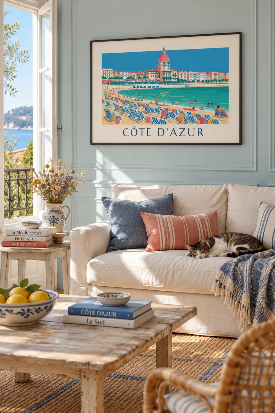 Poster of bathers and deck chairs beneath the Promenade des Anglais in Nice: framed on the wall